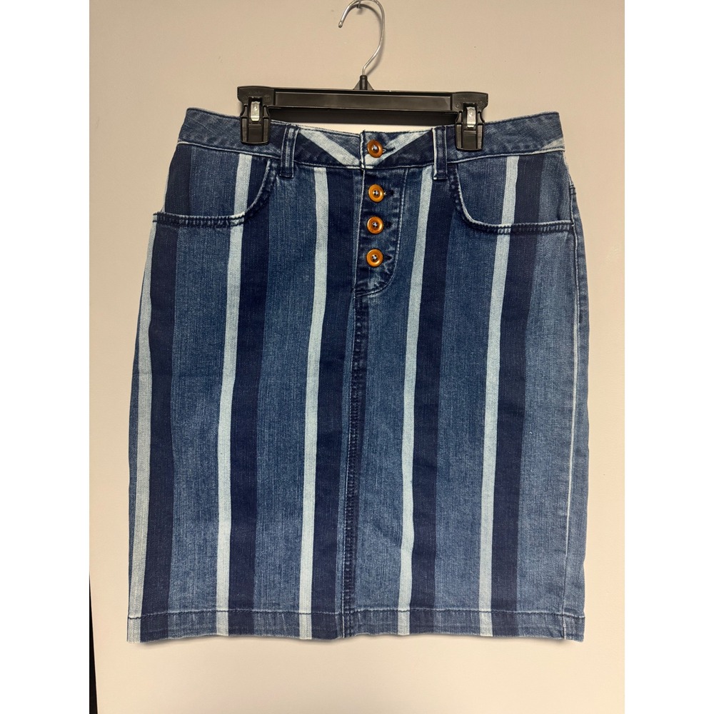 Maeve Anthropologie Blue Striped Denim Pencil Skirt Button Fly Size 8 Minimalist